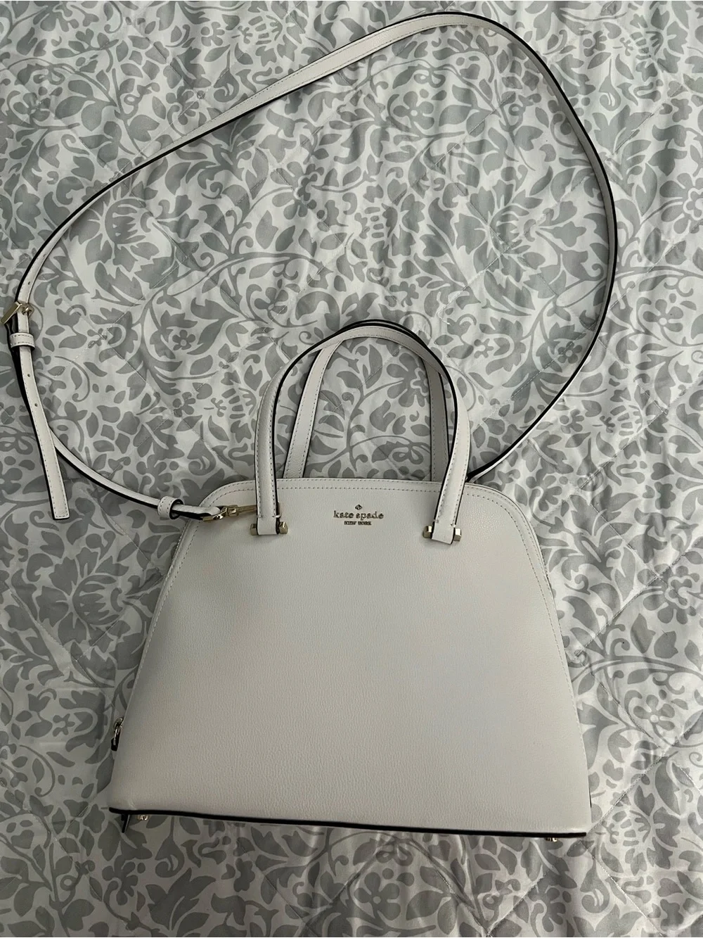 Kate Spade New York white structured pebbled leather dome satchel bag with strap